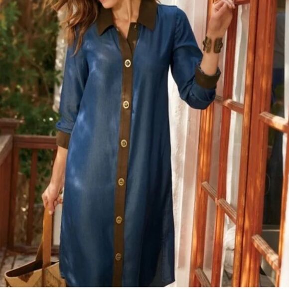 Soft Surroundings Blue Icon Urbina Shirt Dress Denim Western Faux Suede Trim - Picture 2 of 10